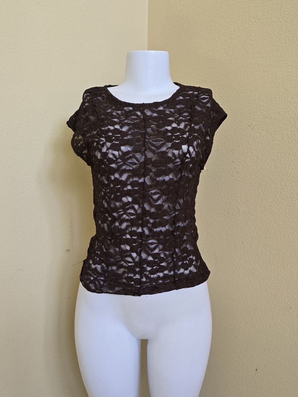 Brown Lace Cap-Sleeve Blouse - Women Tops